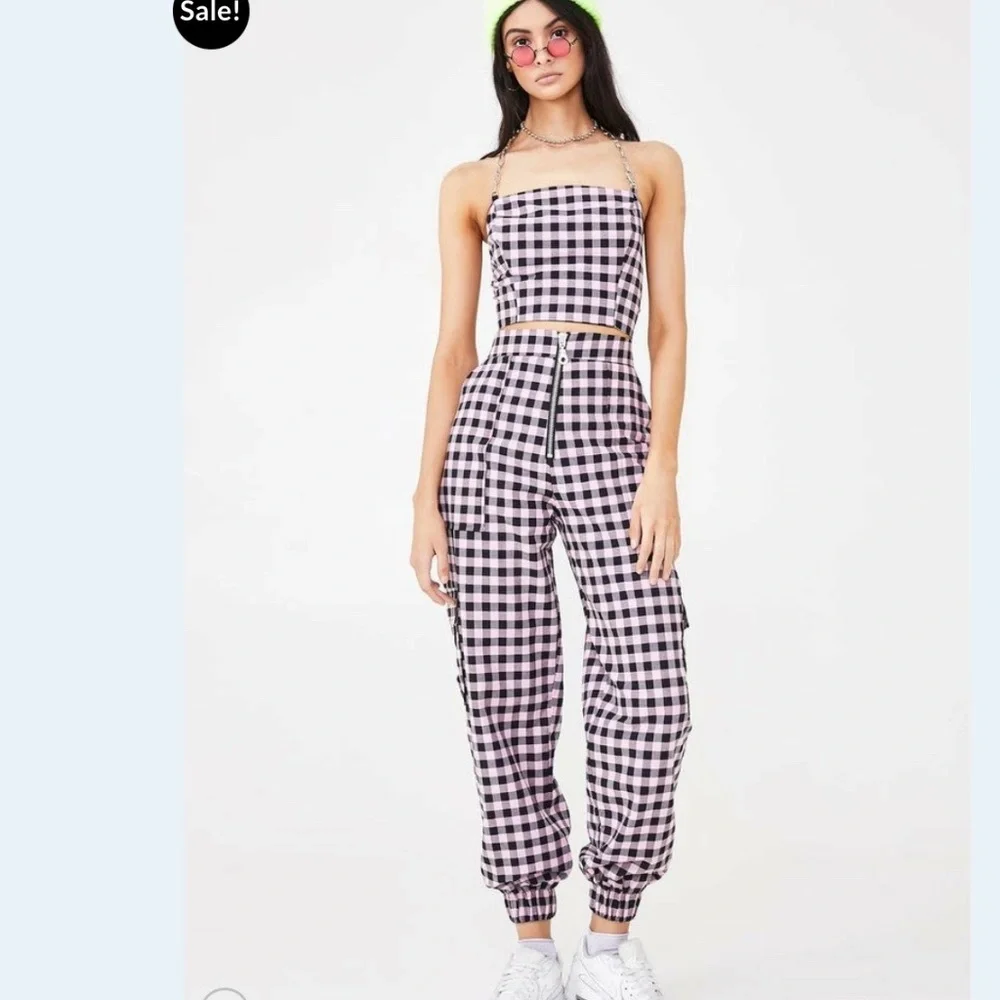 🎶 NWOT the ragged priest hipster Gen Z plaid pink black pants with zipper - Picture 4 of 8